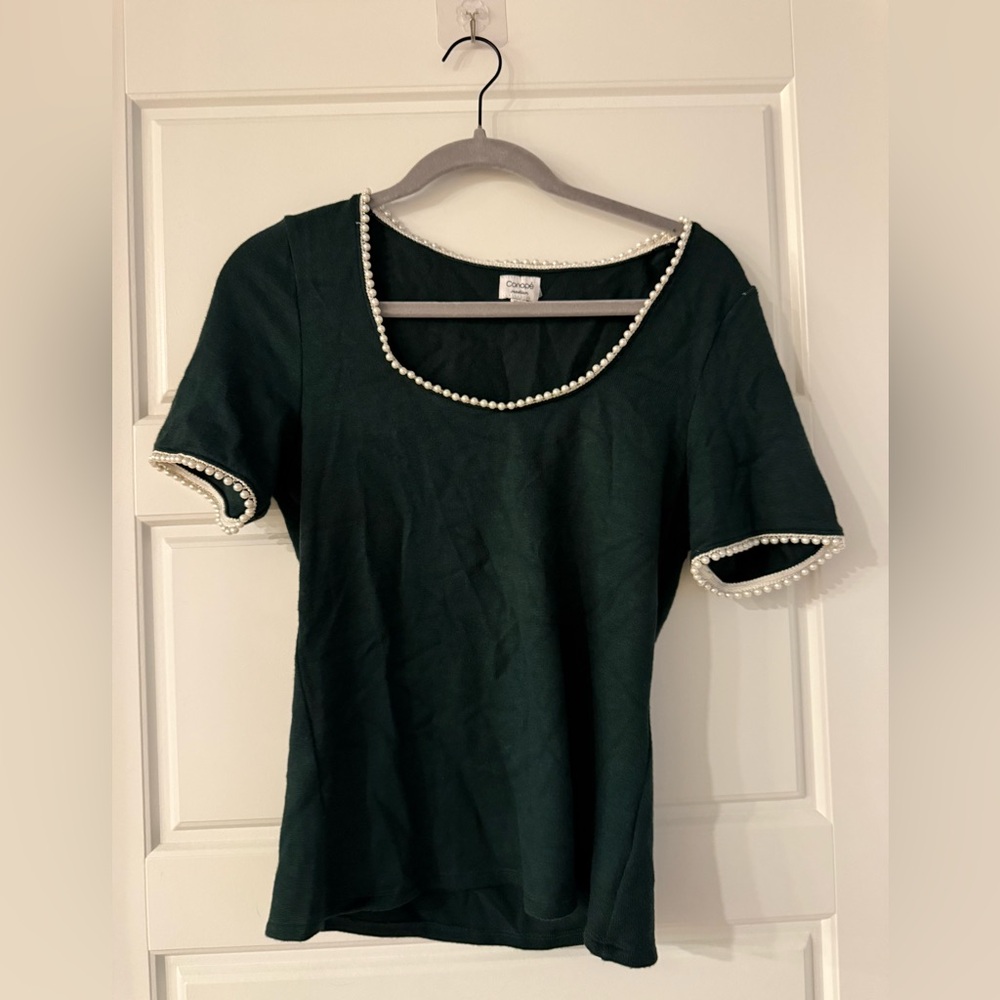 Chic Dark Green Sweater with Pearl Trim